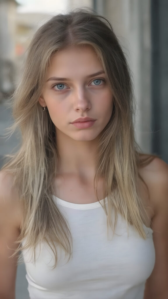 an ultra realistic hyper-detail photograph capturing a (((very cute adult pretty well busty teen girl))) with pale skin and (((brown hair))), standing alone on a street. Her hair is long, soft, and straight, with natural white streaks. She is wearing a (light white tank top) that clings to her body like a second skin, accentuating her (skinny figure). Her face is bright and open, with (natural looking eyes) that match her tresses in color and texture. The overall image is (ethereal and beautiful), with the light refracting off her skin and hair, creating a magical, natural-looking atmosphere.