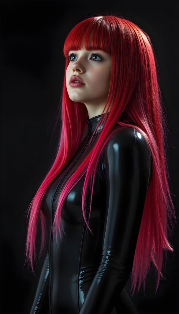 an (((upper body shot))) of a (((young cute teen girl))) with (((straight jet and soft neon red and pink hair, her long hair falls down like a waterfall to her hip in the same length))), and (((vividly pink-dyed locks))), dressed in a (((shiny, sleek black full body latex catsuit))) that reflects the light in a (vivid, luxurious, high-quality backdrop), she looks up, view from the front, all against a dark backdrop, perfect light and shadows.