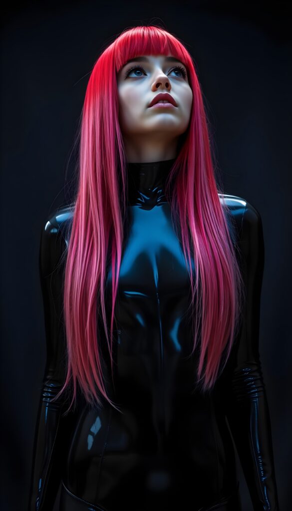 an (((upper body shot))) of a (((young cute teen girl))) with (((straight jet and soft neon red and pink hair, her long hair falls down like a waterfall to her hip in the same length))), and (((vividly pink-dyed locks))), dressed in a (((shiny, sleek black full body latex catsuit))) that reflects the light in a (vivid, luxurious, high-quality backdrop), she looks up, view from the front, all against a dark backdrop, perfect light and shadows.