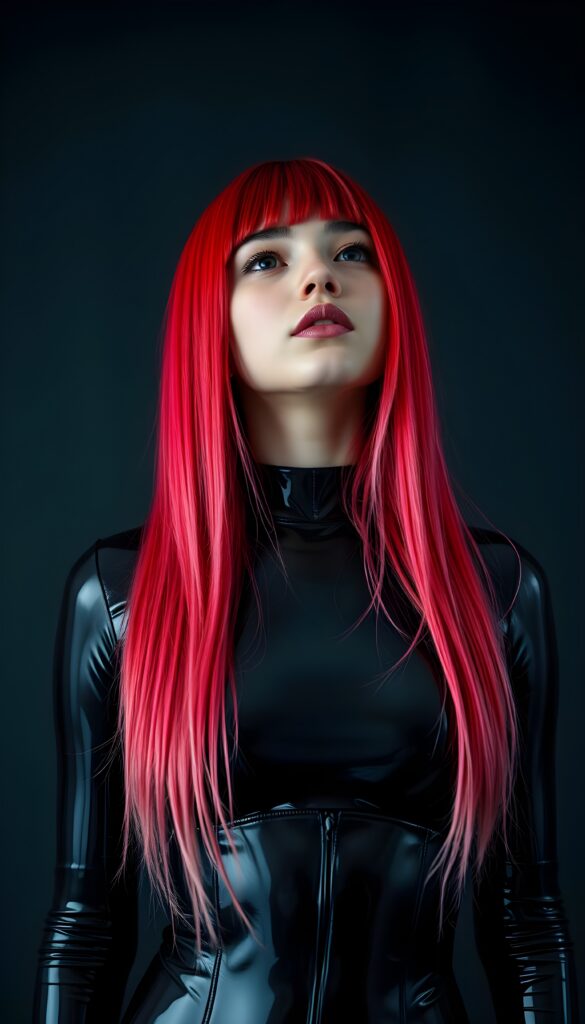 an (((upper body shot))) of a (((young cute teen girl))) with (((straight jet and soft neon red and pink hair, her long hair falls down like a waterfall to her hip in the same length))), and (((vividly pink-dyed locks))), dressed in a (((shiny, sleek black full body latex catsuit))) that reflects the light in a (vivid, luxurious, high-quality backdrop), she looks up, view from the front, all against a dark backdrop, perfect light and shadows.