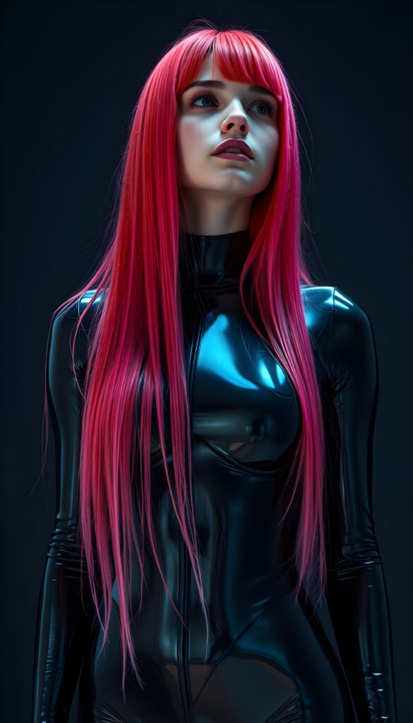 an (((upper body shot))) of a (((young cute teen girl))) with (((straight jet and soft neon red and pink hair, her long hair falls down like a waterfall to her hip in the same length))), and (((vividly pink-dyed locks))), dressed in a (((shiny, sleek black full body latex catsuit))) that reflects the light in a (vivid, luxurious, high-quality backdrop), she looks up, view from the front, all against a dark backdrop, perfect light and shadows.