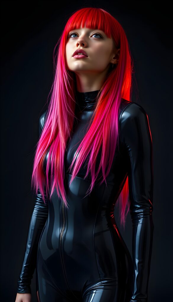 an (((upper body shot))) of a (((young cute teen girl))) with (((straight jet and soft neon red and pink hair, her long hair falls down like a waterfall to her hip in the same length))), and (((vividly pink-dyed locks))), dressed in a (((shiny, sleek black full body latex catsuit))) that reflects the light in a (vivid, luxurious, high-quality backdrop), she looks up, view from the front, all against a dark backdrop, perfect light and shadows.