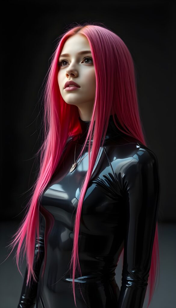 an (((upper body shot))) of a (((young cute teen girl))) with (((straight jet and soft neon red and pink hair, her long hair falls down like a waterfall to her hip in the same length))), and (((vividly pink-dyed locks))), dressed in a (((shiny, sleek black full body latex catsuit))) that reflects the light in a (vivid, luxurious, high-quality backdrop), she looks up, view from the front, all against a dark backdrop, perfect light and shadows.