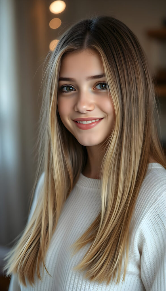 an upper body portrait from a young adult well busty teen girl perfect female curved body, open soft straight hair of golden blond and brown highlights in the same length right and left falls down, smiles softly, in a fine white sweater, studio backdrop