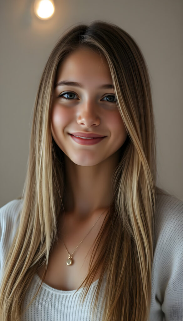 an upper body portrait from a young adult well busty teen girl perfect female curved body, open soft straight hair of golden blond and brown highlights in the same length right and left falls down, smiles softly, in a fine white sweater, studio backdrop