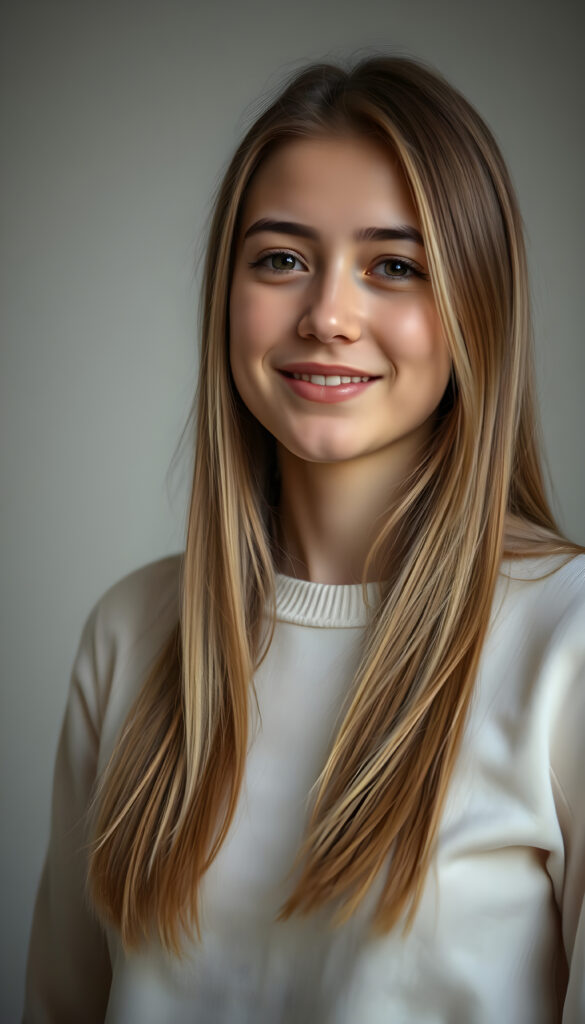 an upper body portrait from a young adult well busty teen girl perfect female curved body, open soft straight hair of golden blond and brown highlights in the same length right and left falls down, smiles softly, in a fine white sweater, studio backdrop