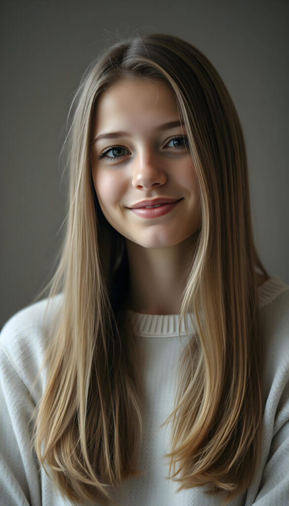 an upper body portrait from a young adult well busty teen girl perfect female curved body, open soft straight hair of golden blond and brown highlights in the same length right and left falls down, smiles softly, in a fine white sweater, studio backdrop