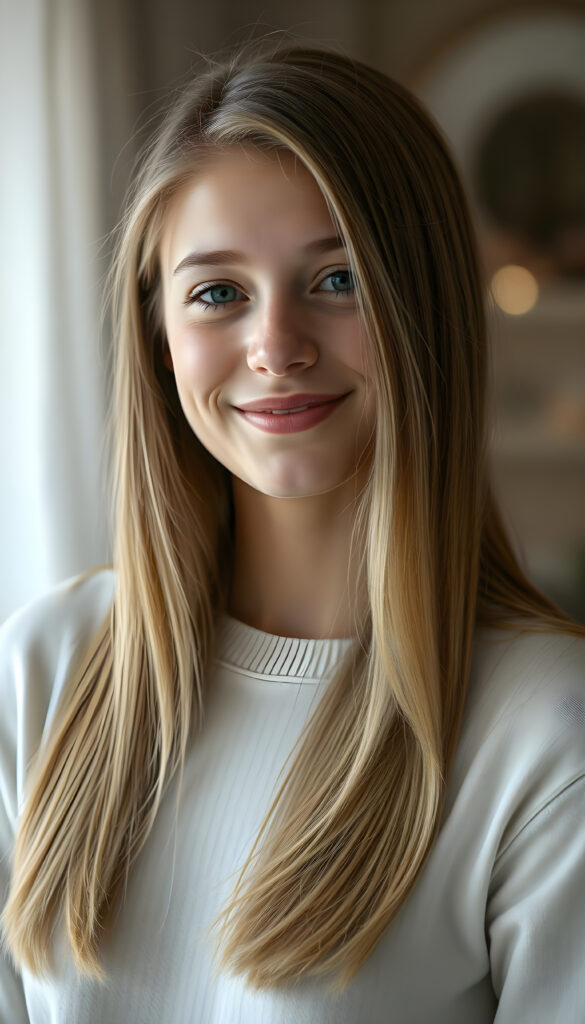 an upper body portrait from a young adult well busty teen girl perfect female curved body, open soft straight hair of golden blond and brown highlights in the same length right and left falls down, smiles softly, in a fine white sweater, studio backdrop