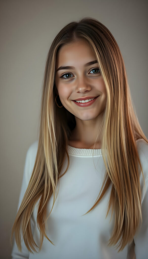 an upper body portrait from a young adult well busty teen girl perfect female curved body, open soft straight hair of golden blond and brown highlights in the same length right and left falls down, smiles softly, in a fine white sweater, studio backdrop