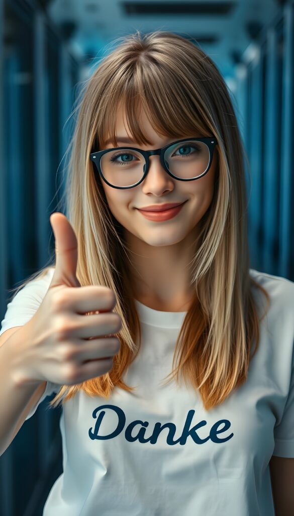 an upper body shot from a pretty nerd girl with blonde straight shoulder long hair and brown highlights, bangs cut, she is wearing a white T-shirt. She gives the camera a thumbs up and winks with one eye. Great. Her T-shirt says "Danke" She is wearing black glasses. Light blue backdrop in a server room.