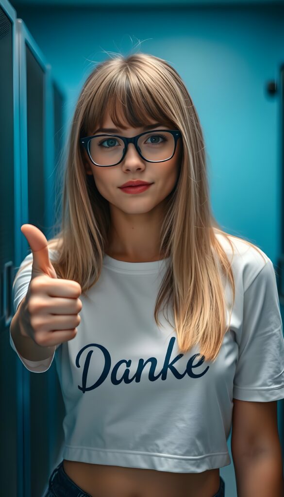 an upper body shot from a pretty nerd girl with blonde straight shoulder long hair and brown highlights, bangs cut, she is wearing a white T-shirt. She gives the camera a thumbs up and winks with one eye. Great. Her T-shirt says "Danke" She is wearing black glasses. Light blue backdrop in a server room.