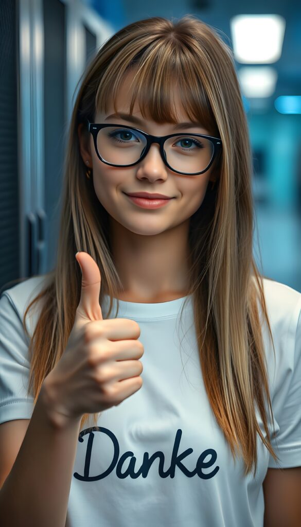 an upper body shot from a pretty nerd girl with blonde straight shoulder long hair and brown highlights, bangs cut, she is wearing a white T-shirt. She gives the camera a thumbs up and winks with one eye. Great. Her T-shirt says "Danke" She is wearing black glasses. Light blue backdrop in a server room.