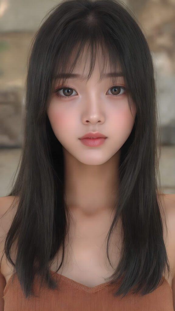 ((anime style)) a vividly captured moment where a (((Korean cute young adult girl, flawless, beautiful skin))) with long straight jet-black super soft hair, bangs, stands confidently upper body portrait, dressed in a ((brown sleeveless cropped tank top, deep v-neck, perfect curved body)) that accentuates her toned, slightly imperfect complexion. Her striking features and perfectly proportioned figure convey an air of natural beauty