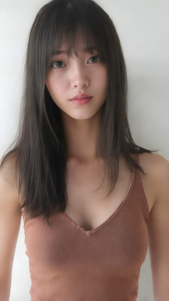 ((anime style)) a vividly captured moment where a (((Korean cute young adult girl, flawless, beautiful skin))) with long straight jet-black super soft hair, bangs, stands confidently upper body portrait, dressed in a ((brown sleeveless cropped tank top, deep v-neck, perfect curved body)) that accentuates her toned, slightly imperfect complexion. Her striking features and perfectly proportioned figure convey an air of natural beauty