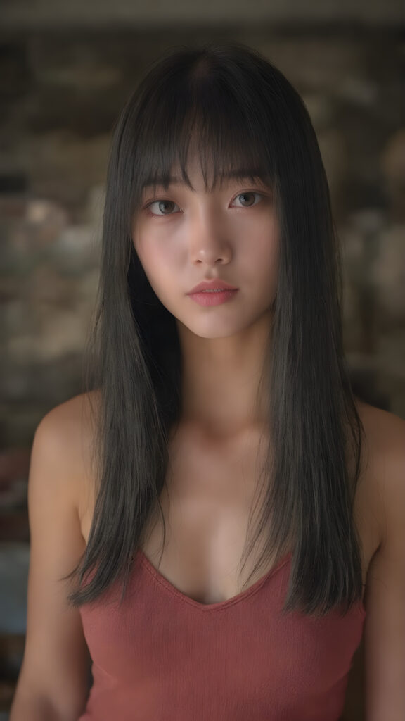 ((anime style)) a vividly captured moment where a (((Korean cute young adult girl, flawless, beautiful skin))) with long straight jet-black super soft hair, bangs, stands confidently upper body portrait, dressed in a ((brown sleeveless cropped tank top, deep v-neck, perfect curved body)) that accentuates her toned, slightly imperfect complexion. Her striking features and perfectly proportioned figure convey an air of natural beauty