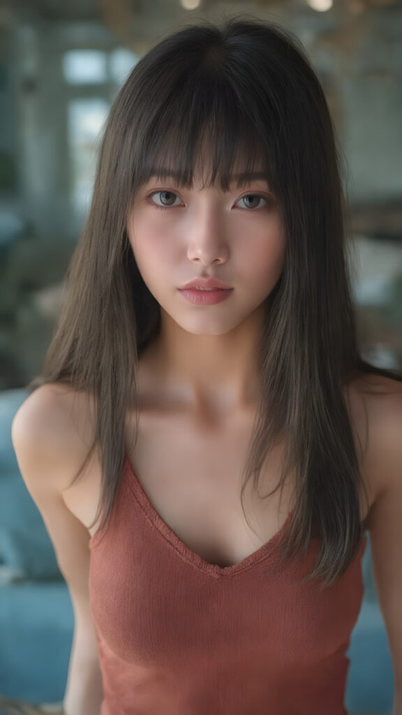 ((anime style)) a vividly captured moment where a (((Korean cute young adult girl, flawless, beautiful skin))) with long straight jet-black super soft hair, bangs, stands confidently upper body portrait, dressed in a ((brown sleeveless cropped tank top, deep v-neck, perfect curved body)) that accentuates her toned, slightly imperfect complexion. Her striking features and perfectly proportioned figure convey an air of natural beauty