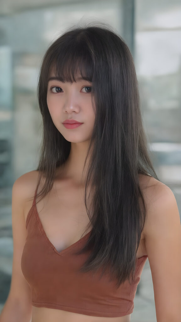 ((anime style)) a vividly captured moment where a (((Korean cute young adult girl, flawless, beautiful skin))) with long straight jet-black super soft hair, bangs, stands confidently upper body portrait, dressed in a ((brown sleeveless cropped tank top, deep v-neck, perfect curved body)) that accentuates her toned, slightly imperfect complexion. Her striking features and perfectly proportioned figure convey an air of natural beauty