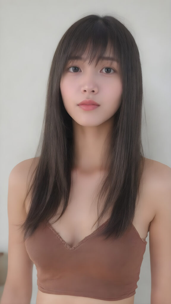 ((anime style)) a vividly captured moment where a (((Korean cute young adult girl, flawless, beautiful skin))) with long straight jet-black super soft hair, bangs, stands confidently upper body portrait, dressed in a ((brown sleeveless cropped tank top, deep v-neck, perfect curved body)) that accentuates her toned, slightly imperfect complexion. Her striking features and perfectly proportioned figure convey an air of natural beauty