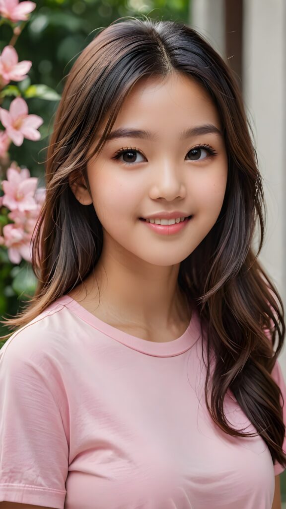 a stunning portrait (((ultra realistic professional photograph))) ((cute)) ((gorgeous)) excellently capturing an amiable, young Asian teen girl, straight jet long hair, round face, full lips, smile, side view, ((pink no printed t-shirt))
