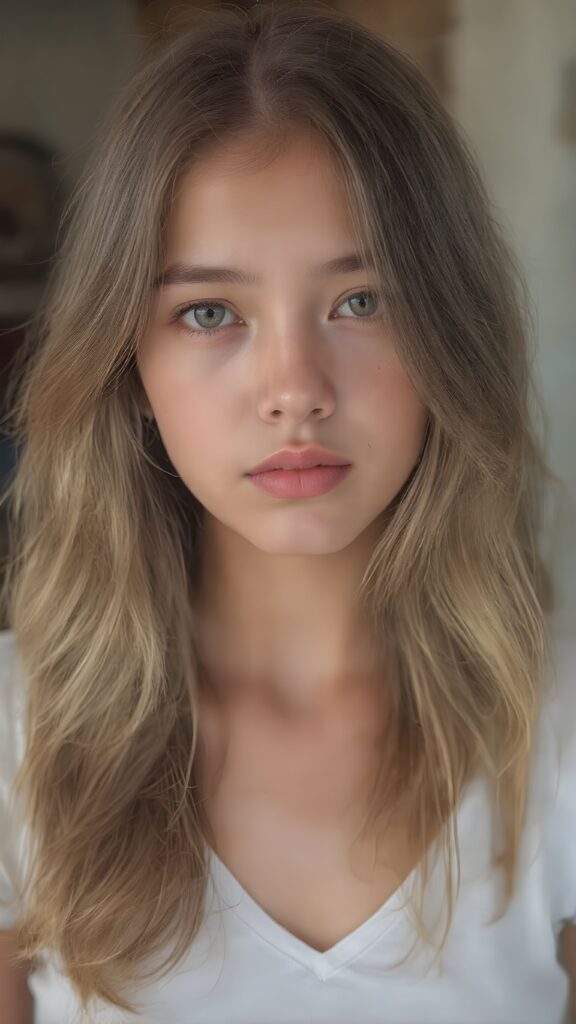 a very cute young busty teen girl, with realistic wavy soft long light brown blond hair, with naturally soft and slightly tanned skin, her lips are full and devoid of pigmentation, wearing a tight short thin v-neck white t-shirt. She exudes stunning beauty, in a fashion sense, photo-realistic, 4k, high quality and detailed details in her features and surroundings. full body view ((upper body inclusive)), showcasing her beautiful and natural looking skin and perfectly straight hair, in a classic portrait position, with a warm and soft light effect, asian touch