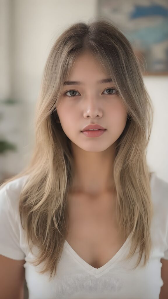 a very cute young busty teen girl, with realistic wavy soft long light brown blond hair, with naturally soft and slightly tanned skin, her lips are full and devoid of pigmentation, wearing a tight short thin v-neck white t-shirt. She exudes stunning beauty, in a fashion sense, photo-realistic, 4k, high quality and detailed details in her features and surroundings. full body view ((upper body inclusive)), showcasing her beautiful and natural looking skin and perfectly straight hair, in a classic portrait position, with a warm and soft light effect, asian touch