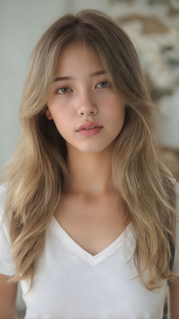 a very cute young busty teen girl, with realistic wavy soft long light brown blond hair, with naturally soft and slightly tanned skin, her lips are full and devoid of pigmentation, wearing a tight short thin v-neck white t-shirt. She exudes stunning beauty, in a fashion sense, photo-realistic, 4k, high quality and detailed details in her features and surroundings. full body view ((upper body inclusive)), showcasing her beautiful and natural looking skin and perfectly straight hair, in a classic portrait position, with a warm and soft light effect, asian touch