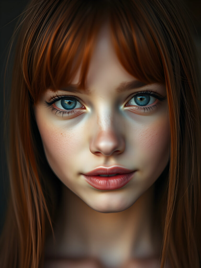 beautiful round face from a young stunning gorgeous girl, flawless silver skin, deep blue realistic eyes reflect the light, full red lips, symmetrical noise, mouth slightly open white teeth, straight soft open red amber hair frame her face, bangs cut