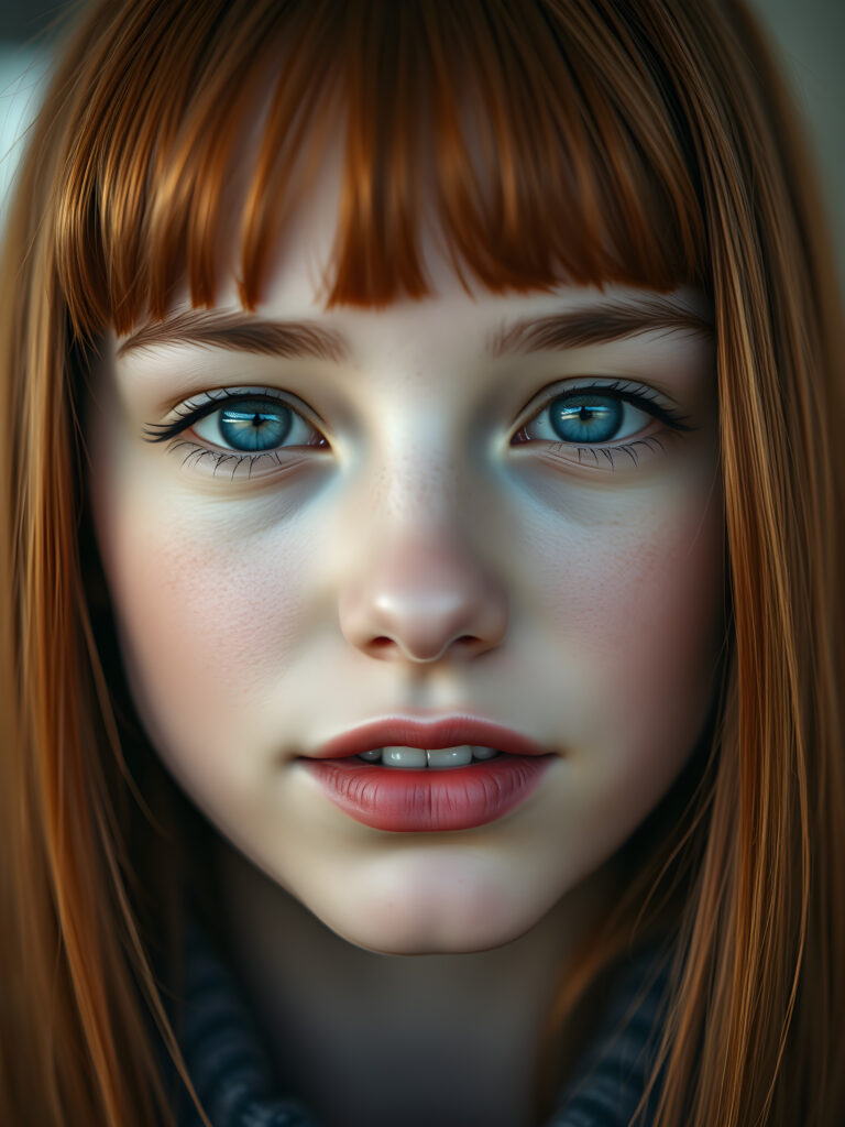 beautiful round face from a young stunning gorgeous girl, flawless silver skin, deep blue realistic eyes reflect the light, full red lips, symmetrical noise, mouth slightly open white teeth, straight soft open red amber hair frame her face, bangs cut