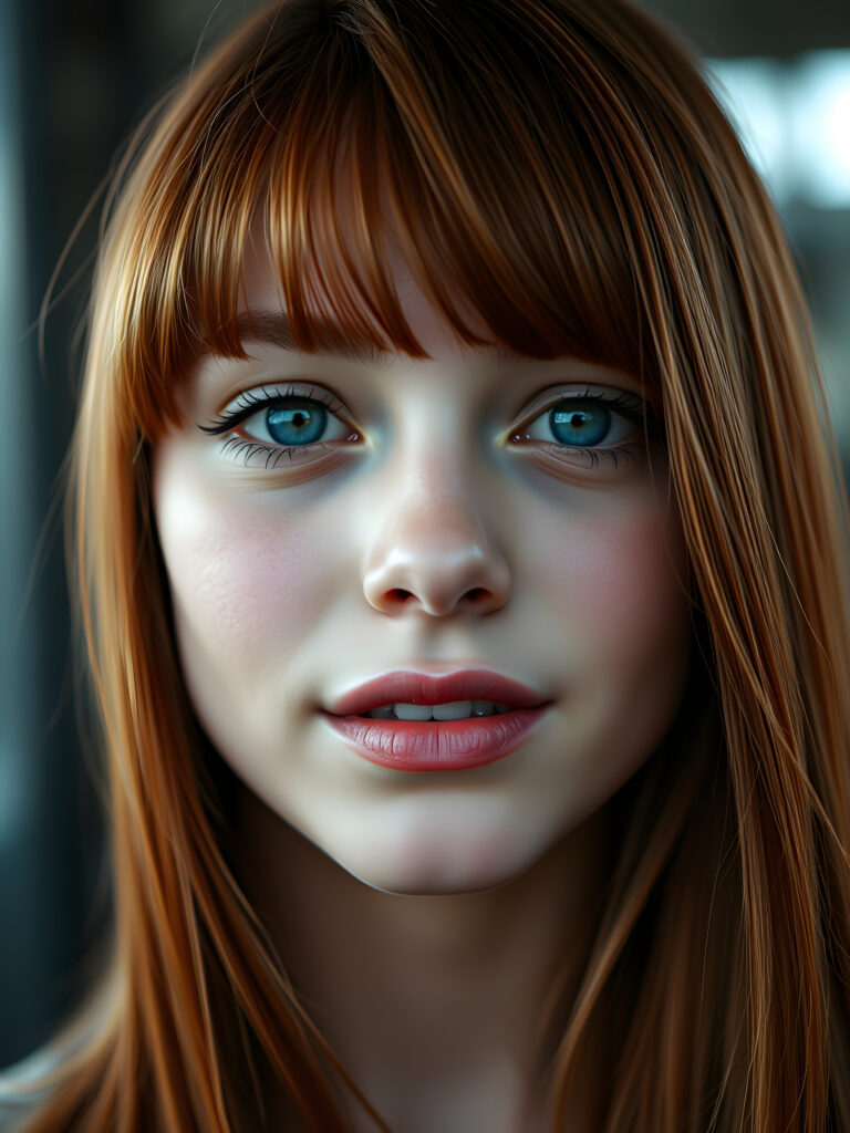 beautiful round face from a young stunning gorgeous girl, flawless silver skin, deep blue realistic eyes reflect the light, full red lips, symmetrical noise, mouth slightly open white teeth, straight soft open red amber hair frame her face, bangs cut