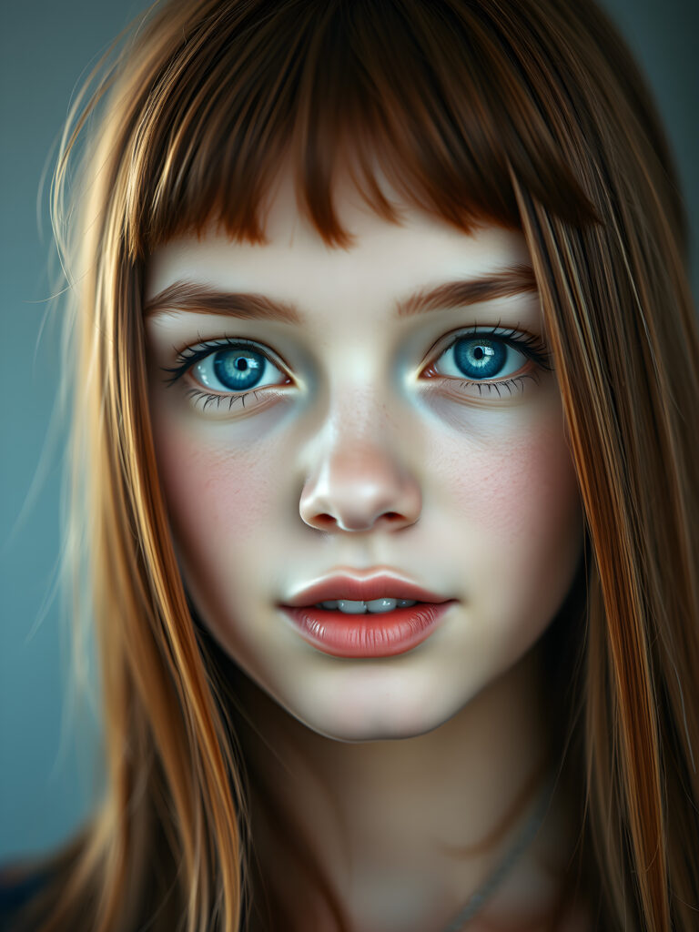 beautiful round face from a young stunning gorgeous girl, flawless silver skin, deep blue realistic eyes reflect the light, full red lips, symmetrical noise, mouth slightly open white teeth, straight soft open red amber hair frame her face, bangs cut