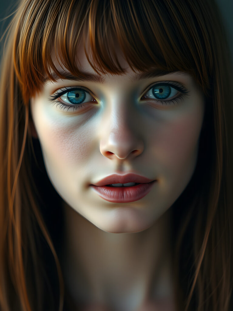 beautiful round face from a young stunning gorgeous girl, flawless silver skin, deep blue realistic eyes reflect the light, full red lips, symmetrical noise, mouth slightly open white teeth, straight soft open red amber hair frame her face, bangs cut