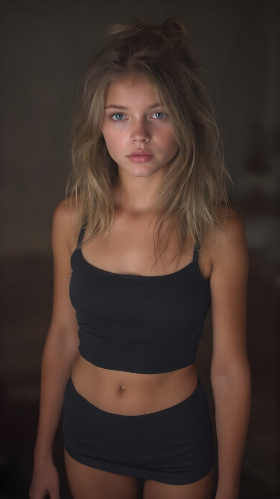 beautiful young girl, age 20, with a sleek, sexy and provocative look. She wears a very short and tight black tank top, with thin fabric that clings to her body, revealing her toned and athletic legs. Her hair is long, soft and flowing, with a slight messy bun at the end. She has round pupils and perfect lips, that are full and kissable. Her eyes are also perfectly formed, with white irises. The girl exudes confidence and allure, with a hint of youthful naivety. She stands in a dimly lit room, with muted and warm lighting, accentuating her full body and the thin fabric on her clothes. Skirt length varies from short to mid-thigh, with a gentle and seductive expression