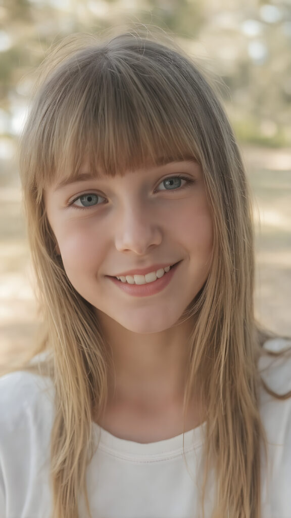 beautiful young happy teen girl, with radiant eyes and the cutest smile in the world, sporting long straight and thick silky soft light amber hair, bangs, and white clothing adorned with nothing but a delicate and super soft white t-shirt. The scene captures her upper body in a close-up view, emphasizing her youthful features and natural beauty. In a wide open outdoor space with warm and soft lighting, she stands in a serene and happy expression, surrounded by trees and nature's beauty. Her smile radiates happiness and contentment, perfectly capturing the essence of a joyful moment in a serene natural setting.