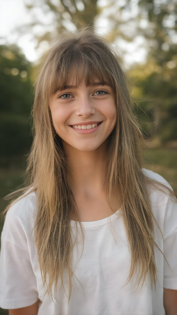 beautiful young happy teen girl, with radiant eyes and the cutest smile in the world, sporting long straight and thick silky soft light amber hair, bangs, and white clothing adorned with nothing but a delicate and super soft white t-shirt. The scene captures her upper body in a close-up view, emphasizing her youthful features and natural beauty. In a wide open outdoor space with warm and soft lighting, she stands in a serene and happy expression, surrounded by trees and nature's beauty. Her smile radiates happiness and contentment, perfectly capturing the essence of a joyful moment in a serene natural setting.