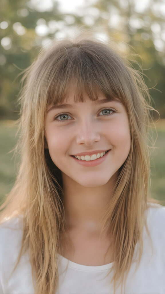 beautiful young happy teen girl, with radiant eyes and the cutest smile in the world, sporting long straight and thick silky soft light amber hair, bangs, and white clothing adorned with nothing but a delicate and super soft white t-shirt. The scene captures her upper body in a close-up view, emphasizing her youthful features and natural beauty. In a wide open outdoor space with warm and soft lighting, she stands in a serene and happy expression, surrounded by trees and nature's beauty. Her smile radiates happiness and contentment, perfectly capturing the essence of a joyful moment in a serene natural setting.