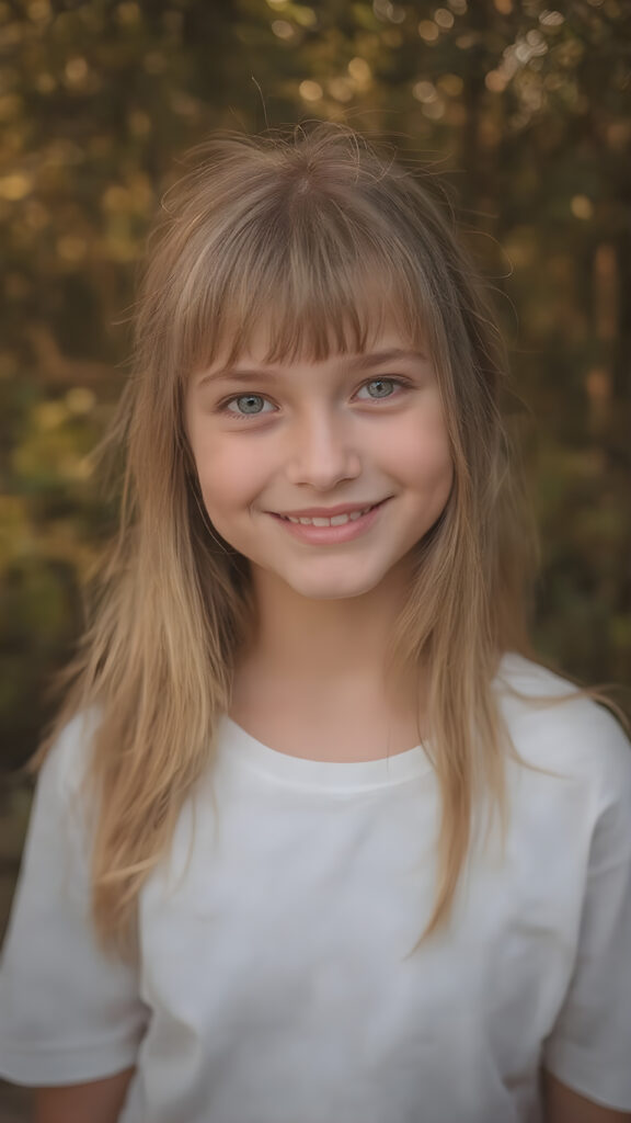 beautiful young happy teen girl, with radiant eyes and the cutest smile in the world, sporting long straight and thick silky soft light amber hair, bangs, and white clothing adorned with nothing but a delicate and super soft white t-shirt. The scene captures her upper body in a close-up view, emphasizing her youthful features and natural beauty. In a wide open outdoor space with warm and soft lighting, she stands in a serene and happy expression, surrounded by trees and nature's beauty. Her smile radiates happiness and contentment, perfectly capturing the essence of a joyful moment in a serene natural setting.