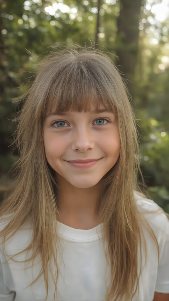beautiful young happy teen girl, with radiant eyes and the cutest smile in the world, sporting long straight and thick silky soft light amber hair, bangs, and white clothing adorned with nothing but a delicate and super soft white t-shirt. The scene captures her upper body in a close-up view, emphasizing her youthful features and natural beauty. In a wide open outdoor space with warm and soft lighting, she stands in a serene and happy expression, surrounded by trees and nature's beauty. Her smile radiates happiness and contentment, perfectly capturing the essence of a joyful moment in a serene natural setting.