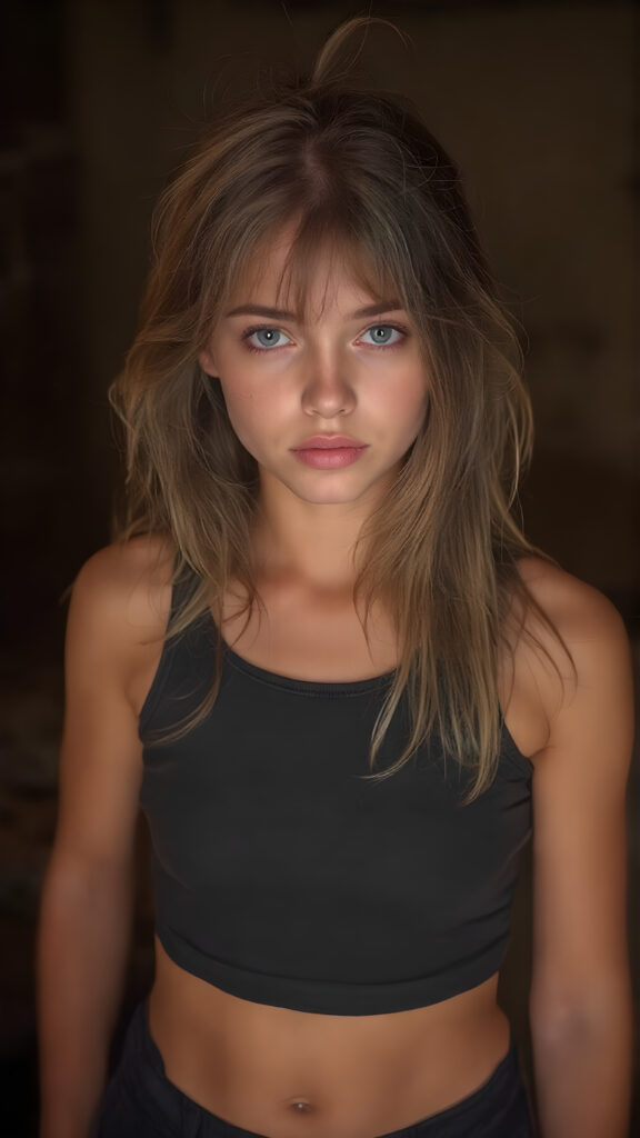 beautiful young girl, age 20, with a sleek, sexy and provocative look. She wears a very short and tight black tank top, with thin fabric that clings to her body, revealing her toned and athletic legs. Her hair is long, soft and flowing, with a slight messy bun at the end. She has round pupils and perfect lips, that are full and kissable. Her eyes are also perfectly formed, with white irises. The girl exudes confidence and allure, with a hint of youthful naivety. She stands in a dimly lit room, with muted and warm lighting, accentuating her full body and the thin fabric on her clothes. Skirt length varies from short to mid-thigh, with a gentle and seductive expression