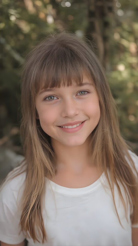 beautiful young happy teen girl, with radiant eyes and the cutest smile in the world, sporting long straight and thick silky soft light amber hair, bangs, and white clothing adorned with nothing but a delicate and super soft white t-shirt. The scene captures her upper body in a close-up view, emphasizing her youthful features and natural beauty. In a wide open outdoor space with warm and soft lighting, she stands in a serene and happy expression, surrounded by trees and nature's beauty. Her smile radiates happiness and contentment, perfectly capturing the essence of a joyful moment in a serene natural setting.
