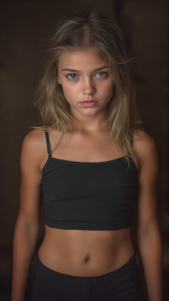 beautiful young girl, age 20, with a sleek, sexy and provocative look. She wears a very short and tight black tank top, with thin fabric that clings to her body, revealing her toned and athletic legs. Her hair is long, soft and flowing, with a slight messy bun at the end. She has round pupils and perfect lips, that are full and kissable. Her eyes are also perfectly formed, with white irises. The girl exudes confidence and allure, with a hint of youthful naivety. She stands in a dimly lit room, with muted and warm lighting, accentuating her full body and the thin fabric on her clothes. Skirt length varies from short to mid-thigh, with a gentle and seductive expression