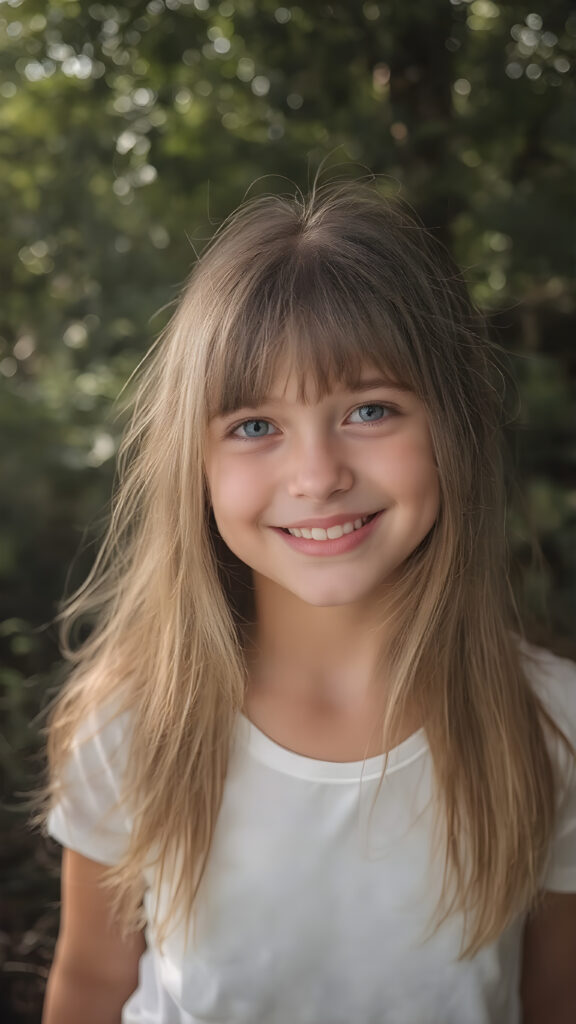 beautiful young happy teen girl, with radiant eyes and the cutest smile in the world, sporting long straight and thick silky soft light amber hair, bangs, and white clothing adorned with nothing but a delicate and super soft white t-shirt. The scene captures her upper body in a close-up view, emphasizing her youthful features and natural beauty. In a wide open outdoor space with warm and soft lighting, she stands in a serene and happy expression, surrounded by trees and nature's beauty. Her smile radiates happiness and contentment, perfectly capturing the essence of a joyful moment in a serene natural setting.