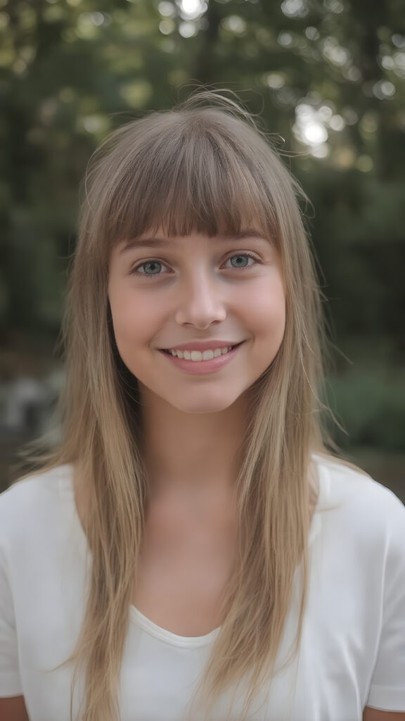 beautiful young happy teen girl, with radiant eyes and the cutest smile in the world, sporting long straight and thick silky soft light amber hair, bangs, and white clothing adorned with nothing but a delicate and super soft white t-shirt. The scene captures her upper body in a close-up view, emphasizing her youthful features and natural beauty. In a wide open outdoor space with warm and soft lighting, she stands in a serene and happy expression, surrounded by trees and nature's beauty. Her smile radiates happiness and contentment, perfectly capturing the essence of a joyful moment in a serene natural setting.