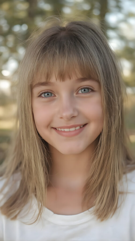 beautiful young happy teen girl, with radiant eyes and the cutest smile in the world, sporting long straight and thick silky soft light amber hair, bangs, and white clothing adorned with nothing but a delicate and super soft white t-shirt. The scene captures her upper body in a close-up view, emphasizing her youthful features and natural beauty. In a wide open outdoor space with warm and soft lighting, she stands in a serene and happy expression, surrounded by trees and nature's beauty. Her smile radiates happiness and contentment, perfectly capturing the essence of a joyful moment in a serene natural setting.