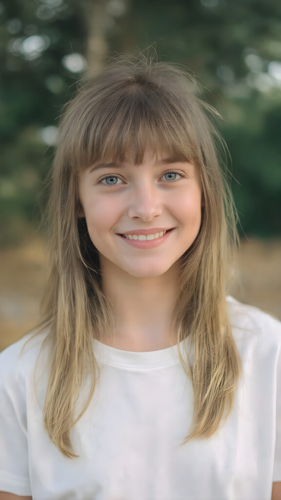 beautiful young happy teen girl, with radiant eyes and the cutest smile in the world, sporting long straight and thick silky soft light amber hair, bangs, and white clothing adorned with nothing but a delicate and super soft white t-shirt. The scene captures her upper body in a close-up view, emphasizing her youthful features and natural beauty. In a wide open outdoor space with warm and soft lighting, she stands in a serene and happy expression, surrounded by trees and nature's beauty. Her smile radiates happiness and contentment, perfectly capturing the essence of a joyful moment in a serene natural setting.