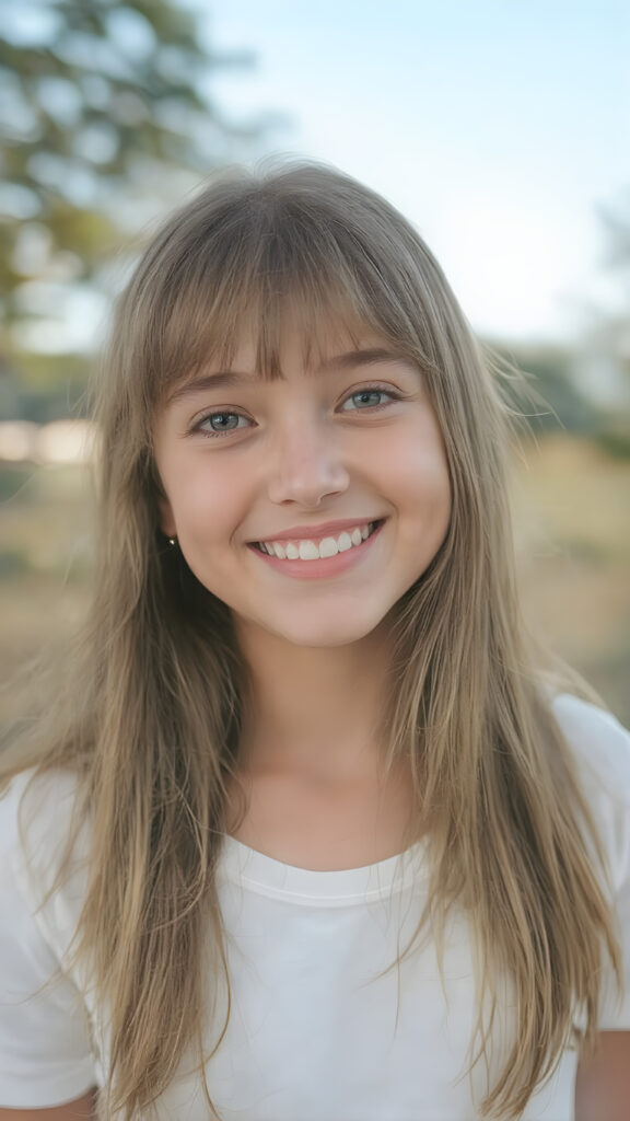 beautiful young happy teen girl, with radiant eyes and the cutest smile in the world, sporting long straight and thick silky soft light amber hair, bangs, and white clothing adorned with nothing but a delicate and super soft white t-shirt. The scene captures her upper body in a close-up view, emphasizing her youthful features and natural beauty. In a wide open outdoor space with warm and soft lighting, she stands in a serene and happy expression, surrounded by trees and nature's beauty. Her smile radiates happiness and contentment, perfectly capturing the essence of a joyful moment in a serene natural setting.