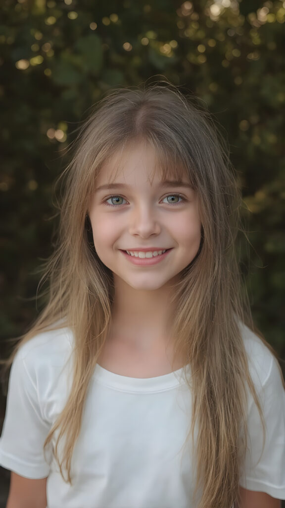 beautiful young happy teen girl, with radiant eyes and the cutest smile in the world, sporting long straight and thick silky soft light amber hair, bangs, and white clothing adorned with nothing but a delicate and super soft white t-shirt. The scene captures her upper body in a close-up view, emphasizing her youthful features and natural beauty. In a wide open outdoor space with warm and soft lighting, she stands in a serene and happy expression, surrounded by trees and nature's beauty. Her smile radiates happiness and contentment, perfectly capturing the essence of a joyful moment in a serene natural setting.