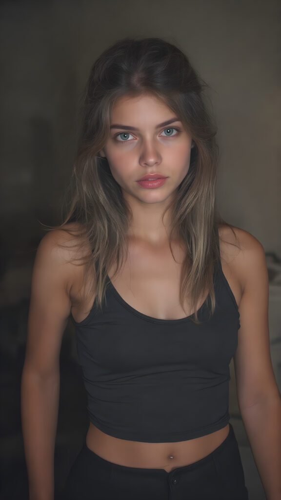 beautiful young girl, age 20, with a sleek, sexy and provocative look. She wears a very short and tight black tank top, with thin fabric that clings to her body, revealing her toned and athletic legs. Her hair is long, soft and flowing, with a slight messy bun at the end. She has round pupils and perfect lips, that are full and kissable. Her eyes are also perfectly formed, with white irises. The girl exudes confidence and allure, with a hint of youthful naivety. She stands in a dimly lit room, with muted and warm lighting, accentuating her full body and the thin fabric on her clothes. Skirt length varies from short to mid-thigh, with a gentle and seductive expression