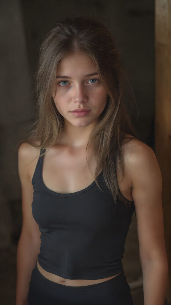 beautiful young girl, age 20, with a sleek, sexy and provocative look. She wears a very short and tight black tank top, with thin fabric that clings to her body, revealing her toned and athletic legs. Her hair is long, soft and flowing, with a slight messy bun at the end. She has round pupils and perfect lips, that are full and kissable. Her eyes are also perfectly formed, with white irises. The girl exudes confidence and allure, with a hint of youthful naivety. She stands in a dimly lit room, with muted and warm lighting, accentuating her full body and the thin fabric on her clothes. Skirt length varies from short to mid-thigh, with a gentle and seductive expression