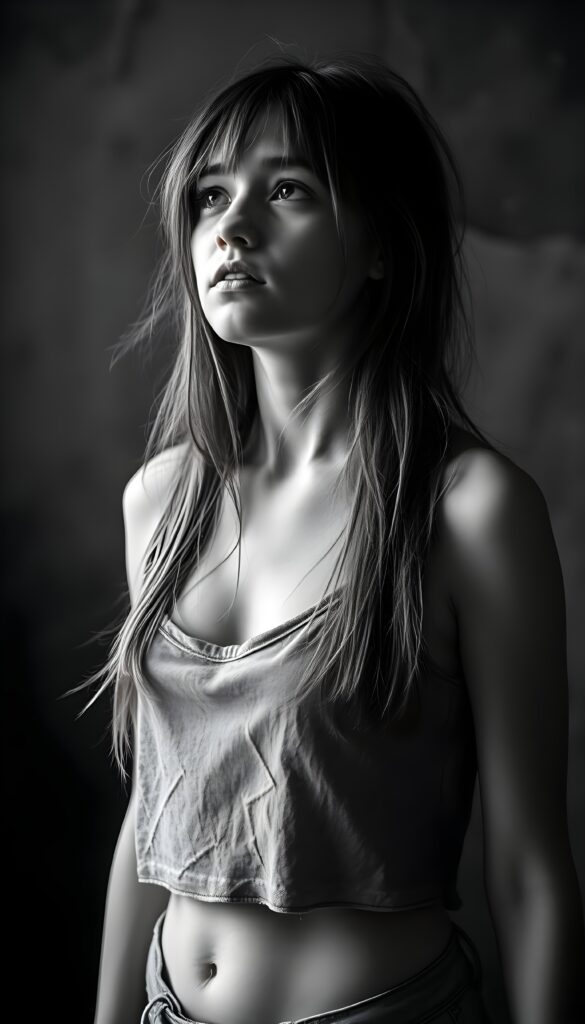 black and white detailed photo: a young teen girl. She is poor and scantily tattered dressed in a cropped grey tank top, deep v-neck, busty. ((She is very anxious and alone)). Her long straight slightly wavy hair is disheveled and dirty. She looks sadly up, side view.