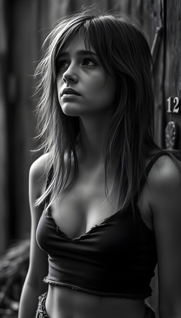 black and white detailed photo: a young teen girl. She is poor and scantily tattered dressed in a cropped tank top, deep v-neck, busty. ((She cries and thick tears roll down her cheeks)). She is alone. Her long straight slightly wavy hair is disheveled and dirty. She looks sadly up, side view.